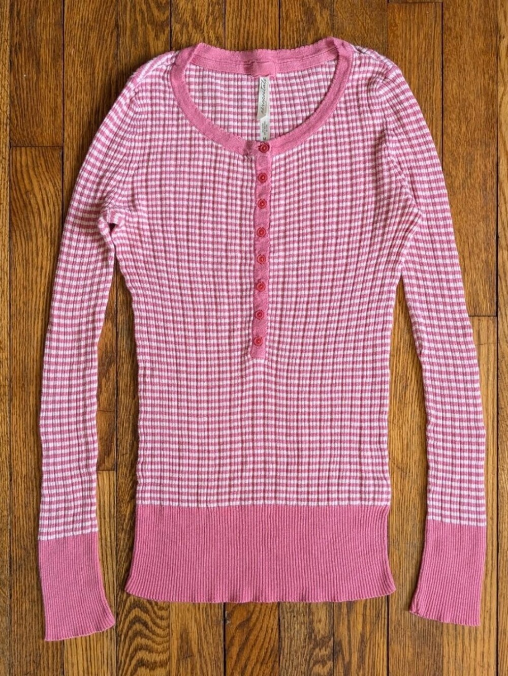 Vintage Aeropostale Pink & White Striped Ribbed Henley Long Sleeve Shirt